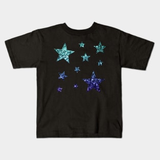 Teal Dark Blue Ombre Faux Glitter Stars Kids T-Shirt